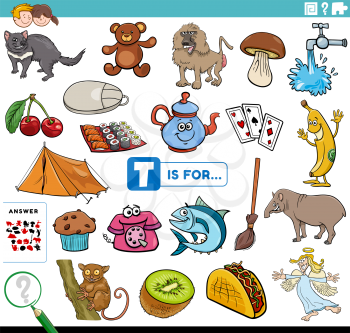 Cartoon illustration of finding pictures starting with letter T educational task worksheet for children with objects and comic characters
