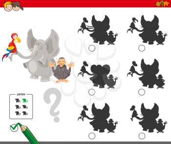 Cartoon Illustration of Finding the Shadow without Differences Educational Activity for Children with Wild Animal Characters