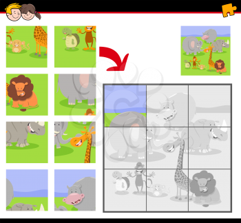 Cartoon Illustration of Educational Jigsaw Puzzle Game for Children with Happy Wild Animals
