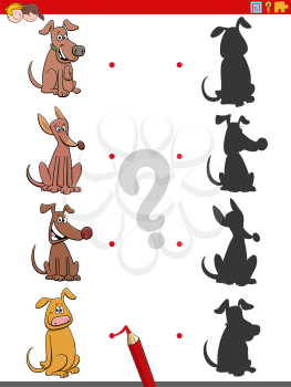 Cartoon Illustration of Match the Right Shadows with Pictures Educational Task for Children with Funny Dogs and Puppies Animal Characters