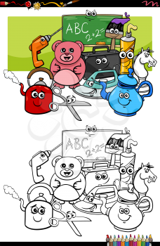 Cartoon illustration of funny object characters group coloring book page
