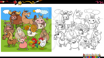 Cartoon illustration of happy farm animal characters group coloring book page