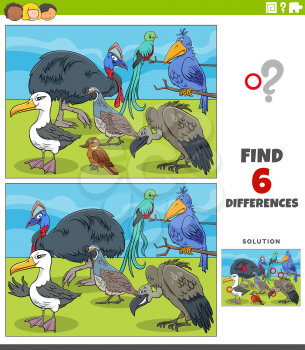 Cartoon illustration of finding the differences between pictures educational game for kids with funny birds animal characters group