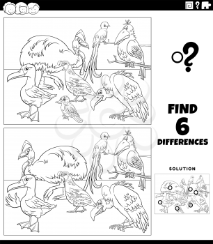 Black and white cartoon illustration of finding the differences between pictures educational game for kids with funny birds animal characters group coloring book page