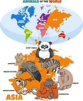 Educational cartoon illustration of Asian animals and world map with continents