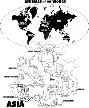 Black and white educational cartoon illustration of Asian animals and world map with continents coloring book page