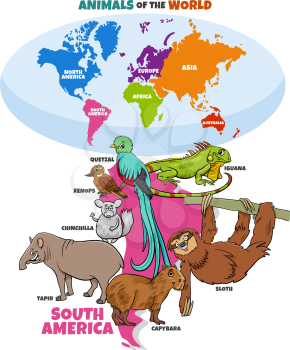 Educational cartoon illustration of South American animals and world map with continents