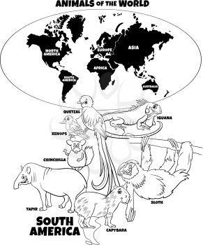 Black and white educational cartoon illustration of South American animals and world map with continents coloring book page