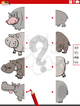 Cartoon illustration of educational game of matching halves of pictures with funny hippopotamus animal characters
