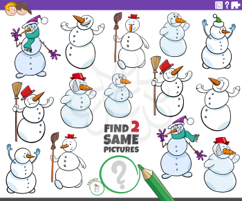 Cartoon illustration of finding two same pictures educational game for children with snowmen characters