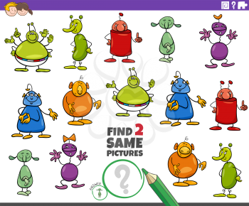 Cartoon illustration of finding two same pictures educational game for children with aliens or weirdos characters