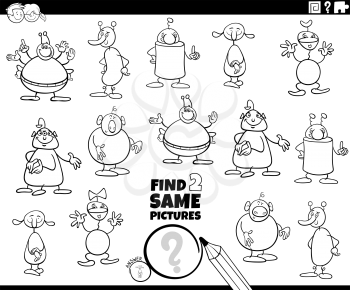 Black and white cartoon illustration of finding two same pictures educational game for children with aliens or weirdos characters coloring book page