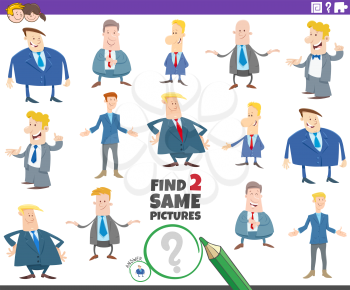 Cartoon illustration of finding two same pictures educational game for children with men or businessmen characters