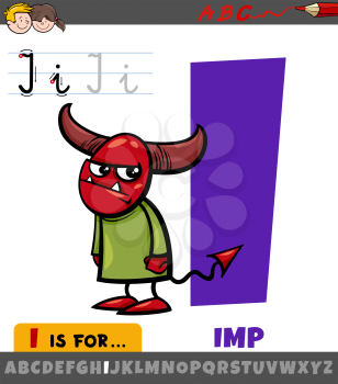 Educational cartoon illustration of letter I from alphabet with imp fantasy character for children 