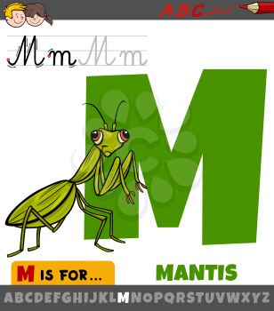 Educational cartoon illustration of letter M from alphabet with mantis insect animal character for children 