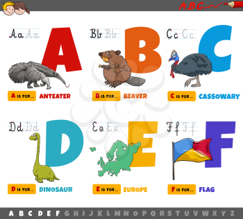 Cartoon illustration of capital letters from alphabet educational set for reading and writing practice for kids from A to F