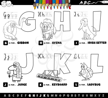 Black and white cartoon illustration of capital letters from alphabet educational set for reading and writing practise for kids from G to L coloring book page
