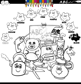 Black and white educational cartoon illustration of basic colors for children with objects comic characters group coloring book page