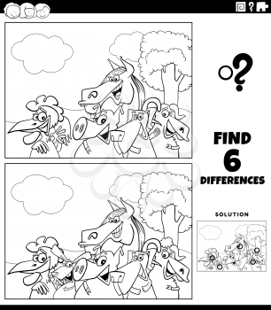 Black and white cartoon illustration of finding the differences between pictures educational game for kids with farm animal characters coloring book page