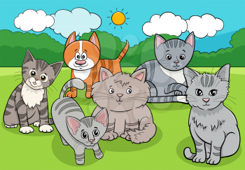 Cartoon illustration of cats and kittens pets comic animal characters group