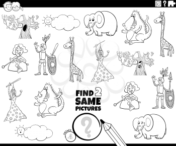 Black and white cartoon illustration of finding two same pictures educational game with funny comic characters coloring book page