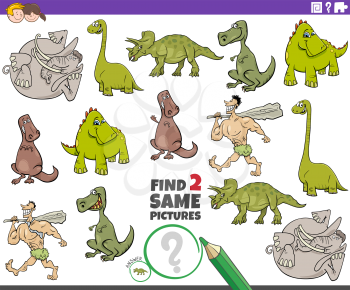 Cartoon illustration of finding two same pictures educational game for children with dinosaurs and prehistoric characters