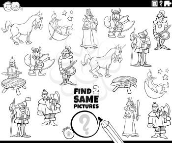 Black and white cartoon illustration of finding two same pictures educational game for children with fairy tale characters coloring book page