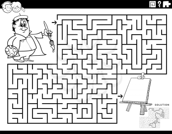 Black and white cartoon illustration of educational maze puzzle game for children with painter and easel coloring book page