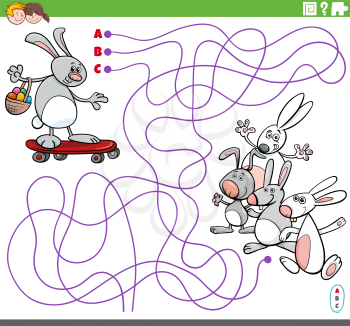 Cartoon illustration of lines maze puzzle game with Easter Bunny character on skateboard