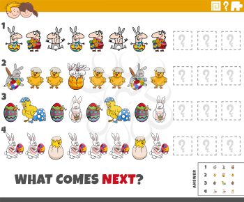 Cartoon illustration of completing the pattern educational game for children with Easter characters