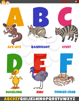 Cartoon illustration of educational colorful alphabet set from letter A to F with funny animal characters