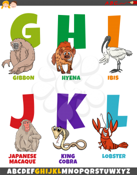 Cartoon illustration of educational colorful alphabet set from letter G to L with funny animal characters