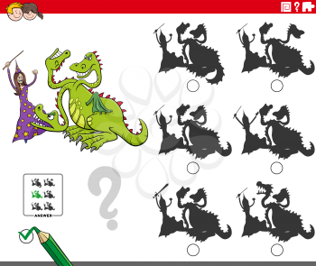 Cartoon illustration of finding the shadow without differences educational game for children with witch fighting a dragon