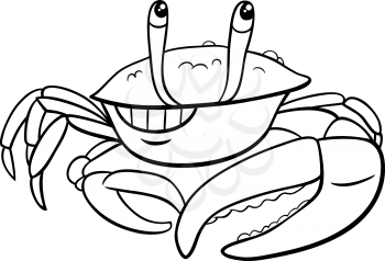 Black and white cartoon illustration of funny fiddler crab animal character coloring book page