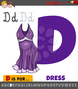 Educational cartoon illustration of letter D from alphabet with dress object
