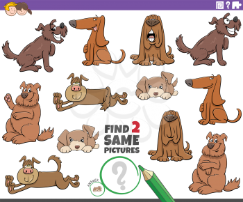 Cartoon illustration of finding two same pictures educational game with dogs comic animal characters