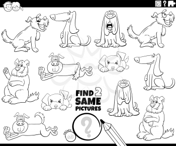 Black and white cartoon illustration of finding two same pictures educational game with dogs comic animal characters coloring book page