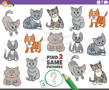 Cartoon illustration of finding two same pictures educational game with funny cats comic animal characters