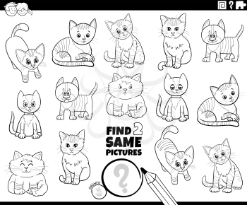 Black and white cartoon illustration of finding two same pictures educational game with funny cats comic animal characters coloring book page