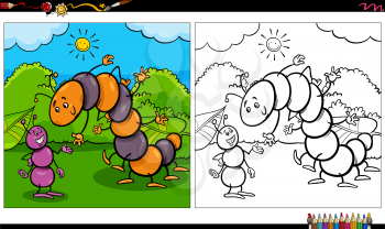 Cartoon illustration of ant and caterpillar insects animal characters group coloring book page