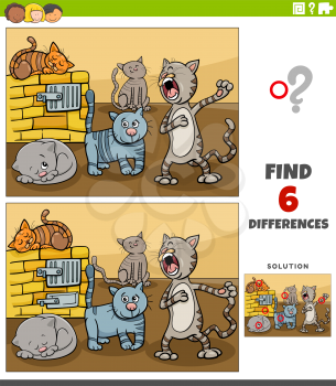 Cartoon illustration of finding the differences between pictures educational game for children with funny cats animal characters group