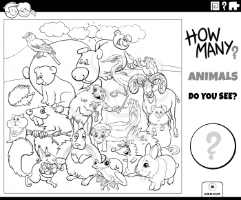 Black and white illustration of educational counting game for children with cartoon animals characters group coloring book page