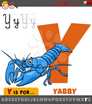 Educational cartoon illustration of letter Y from alphabet with yabby animal character