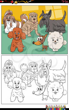 Cartoon illustration of funny purebred dogs animal characters group coloring book page