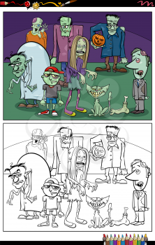 Cartoon illustration of scary zombie characters group coloring book page