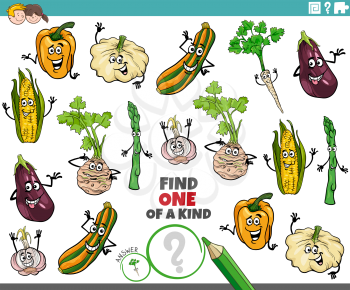 Cartoon illustration of find one of a kind picture educational task for children with comic vegetable characters