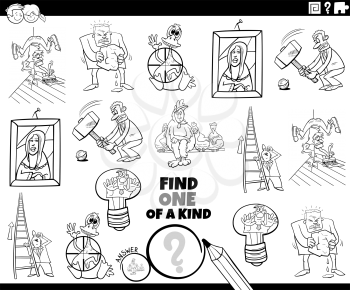 Black and white cartoon illustration of find one of a kind picture educational task for children with comic characters and proverbs coloring book page