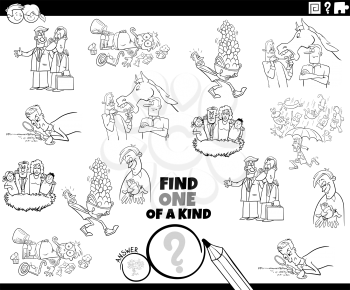 Black and white cartoon illustration of find one of a kind picture educational game for children with comic characters and sayings or proverbs coloring book page