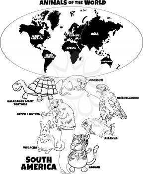 Black and white educational cartoon illustration of South American animal species and world map with continents coloring book page