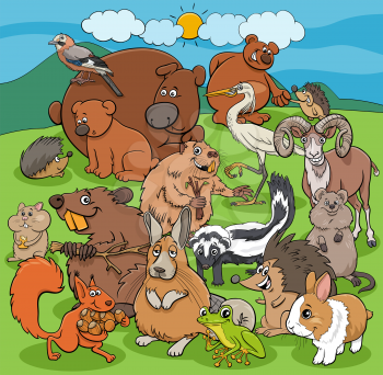 Cartoon illustrations of comic wild animals characters group